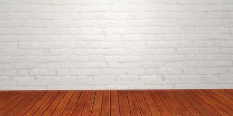 empty room with floor. Old white brick wall and wood floor.