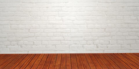 empty room with floor. Old white brick wall and wood floor.