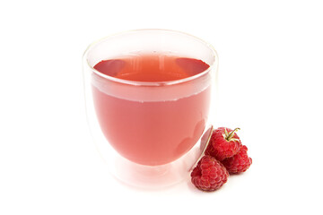 Transparent glass with double bottom filled with raspberry tea isolated on white background.	