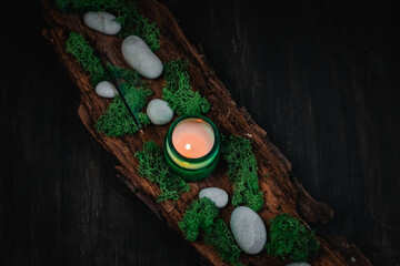 White candle, green moss and stones in the bark of a tree on a black background.