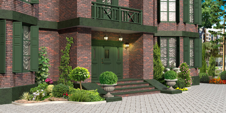 Facade of a dark brick house with a green door at the main entrance and lamps. 3D render of the entrance to the territory of the mansion and green spaces on the sides of the entrance.