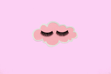 sleeping pink cloud on pink background, creative art modern design, cloud with eyelashes isolated, minimal concept
