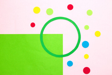 highlight the time until the beginning of dot day, pink background with green quarter, creative deisgn highlight the time, green circle in the middle as copy space, colorful dots around
