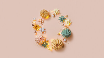 Round greeting handmade frame from paper origami balls, stars