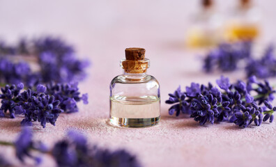 Obraz na płótnie Canvas A bottle of essential oil with fresh lavender flowers