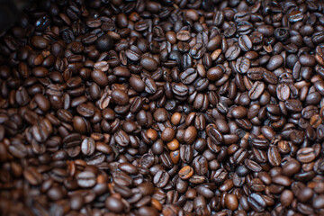 Coffee beans. Toasted coffee. Coffee bag. Brown

