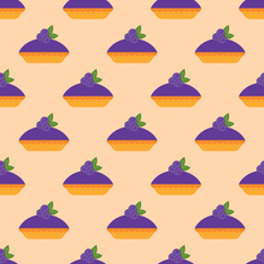 Seamless pattern with blueberry pie. Homemade pies with fruit filling. Traditional American pies. Flat design for fabric, wrapping paper, wallpaper. Vector illustration