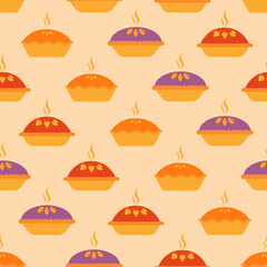 Fototapeta na wymiar Pie seamless pattern. Hot pie of different types on yellow background. Colored pie with pumpkin, strawberry, blueberry, blackberry. Design for fabric, wrapping paper, wallpaper. Vector illustration