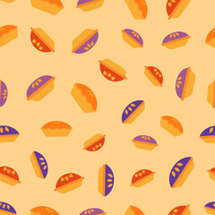 Pie seamless pattern. Pie of different types on yellow background. Colored pie with pumpkin, strawberry, blueberry, blackberry. Design for fabric, wrapping paper, wallpaper. Vector illustration