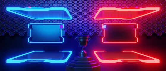 champion cup award tournament, video game of scifi gaming red blue vs e-sports backgound, vr virtual reality simulation and metaverse, scene stand pedestal stage, 3d illustration rendering © issaronow