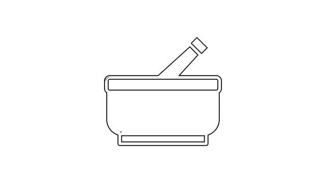 Black line Mortar and pestle icon isolated on white background. 4K Video motion graphic animation