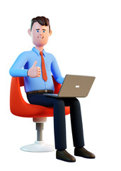 Fototapeta na wymiar 3d man with laptop sitting in a chair and approves with thumb up. Businessman with computer smiling. 3d image. 3d render.
