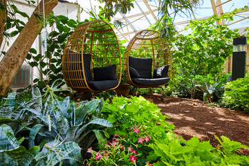 Two chairs peacefully sitting in lush gardens of greenhouse