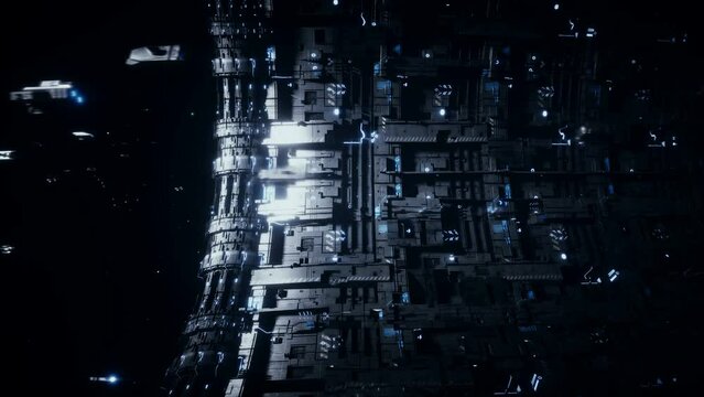 Space futuristic base with ships traffic. Futuristic concept. Realistic 4k animation.