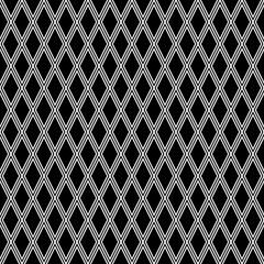 Black rhombuses tessellation on white background. Seamless surface pattern design with diamonds ornament. Checkered wallpaper. Parquet motif. Digital paper for textile print, page fill. Vector art.