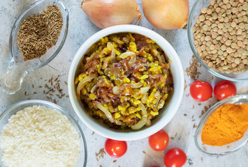 Ingredients for the Middle Eastern dish mujadara top veew gorizontal