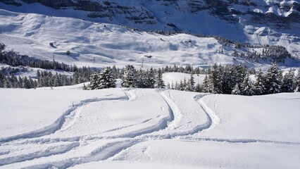 Fototapeta na wymiar snow covered ski slopes in snowy winter in Swiss Alps