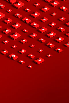 3d render of White first aid kit with a red cross in different s