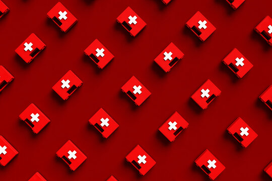 top down view of White first aid kit with a red cross. 3d render