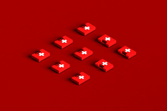 collection of White first aid kit with a red cross. 3d render