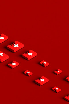 rows view of White first aid kit with a red cross in different s