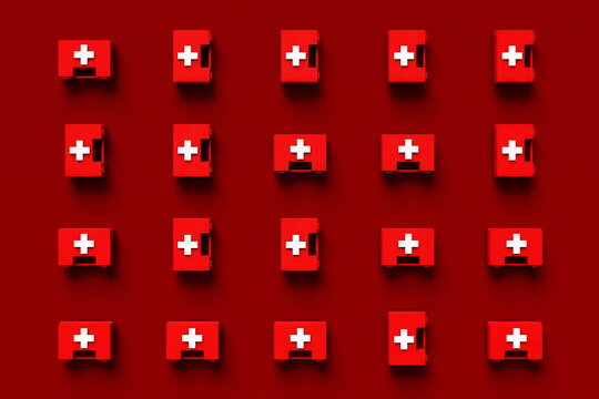 top down view of White first aid kit with a red cross. 3d render