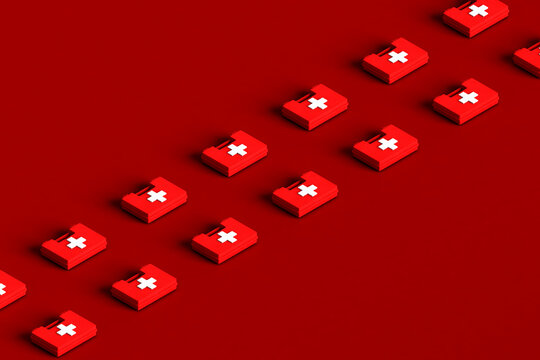 rows of White first aid kit with a red cross. 3d render