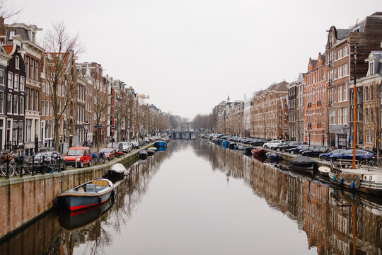 Main channel with boats in Amsterdam