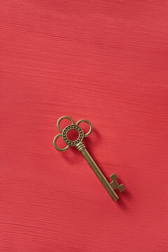 Vintage golden key lying on red background