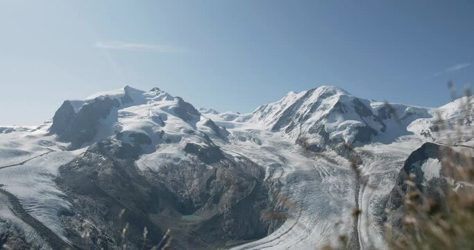 Panoramic view of Monte Rosa Gletscher with alpine grass in foreground