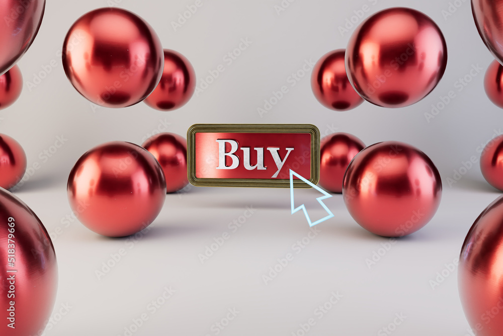 Poster abstract background. beautiful red glossy balls on a white background with a red buy button in the m