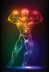 Bodybuilder muscle man fitness posing. Banner with neon silhouette of sexy man figure, beautiful silhouettes, nightclub, striptease, sex shop advertisement, vector illustration - 518379630