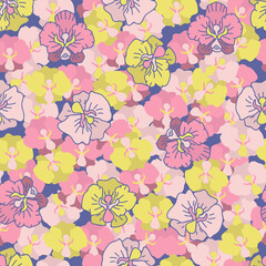 Seamless decorative colorful pattern with cute flower. Print for textile, wallpaper, covers, surface. For fashion fabric. Retro stylization.