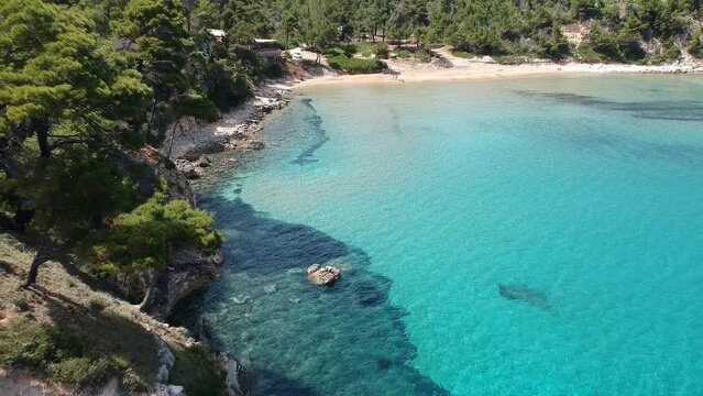 Aerial view over Chrisi Milia beach and the rocky surrounded area in Alonissos island, Greece