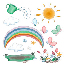 Constructor of 14 elements about summer garden. There are a cute cartoon rainbow, beautiful flowers, butterflies, sun and clouds, watering can and lawn. Digital illustration in watercolor style