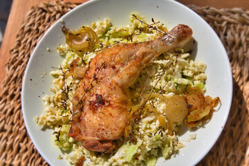 crispy chicken thighs on cauliflower salad - I -