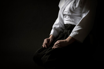 Aikido sitting pose in hakama uniform on black background. Shallow depth of field. SDF. - obrazy, fototapety, plakaty