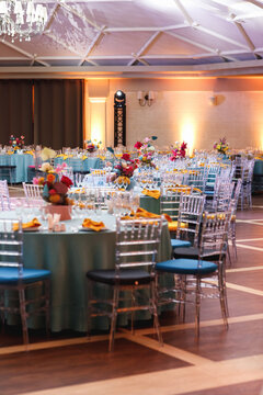 Prepared festive room for special celebration in modish restaurant 