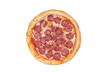 Pizza with mozzarella cheese, tomato sauce and salami isolated over white background. Top view. Copy space