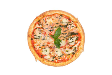 Pizza with mozzarella cheese, tomatoes, pesto sauce and fresh basil isolated over white background. Top view. Copy space