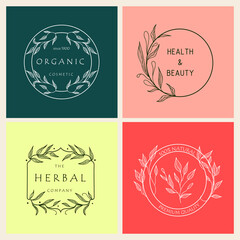 Naklejka premium Set of botanical logos for your business. Perfect for cosmetic brands. Eco-design. Sustainable life.