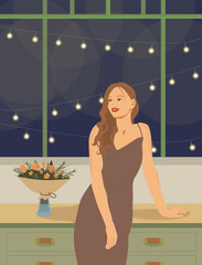 Beautiful girl model in an evening dress with flowers on the background of garlands. Vector, vertical flat illustration for postcard.