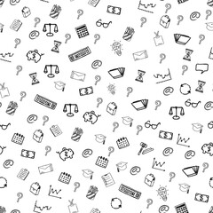 Seamless pattern doodle business, currency, ratings, infographics, currency in black on a white background.