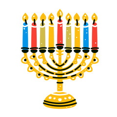 Hanukkah menorah candelabrum with nine lit candles flat vector. Hanukka menorah isolated on white