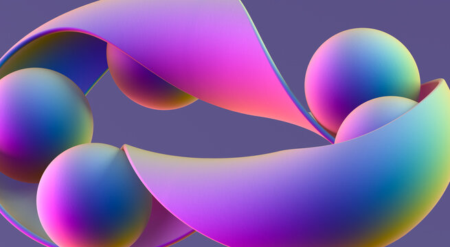Circle flow of curved ribbon with rainbow spheres.