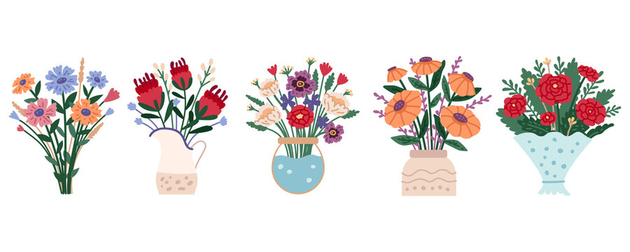 Set of bright spring blooming flowers in vases and bottles isolated on a white background. Flower bouquet. Cartoon flat vector illustration