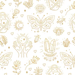 Gordijnen Magic boho symbols seamless pattern. Backdrop of gypsy sacred elements and sign in modern boho style. Golden minimal line art. Butterfly, crystal, bottle, flower © Pictulandra