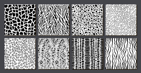 Safari animals skin seamless pattern set. Mammals Fur. Collection of exotic clothes printing or wallpaper texture vector set. Predators Camouflage. Printable Background. Vector illustration.