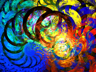 Imagen de arte geométrico digital compuesta de trazos circulares solapados sobre un fondo arcoiris en un conjunto que aparenta ser una espiral de anillos energéticos colisionando.