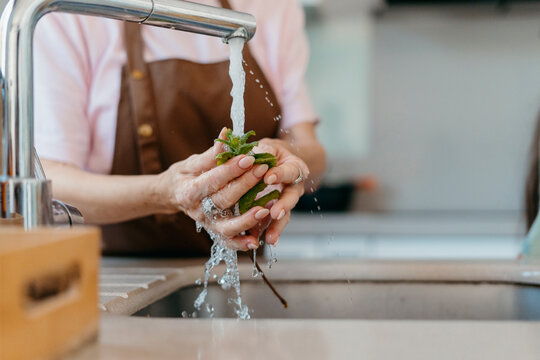 Detail of woman washing mint in sink